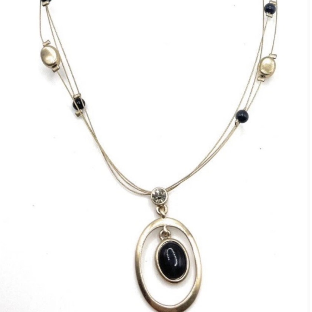 Lia Sophia "Matinee” Gold Tone 3-Strand Necklace w/Black Glass Cat’s Eye Stone